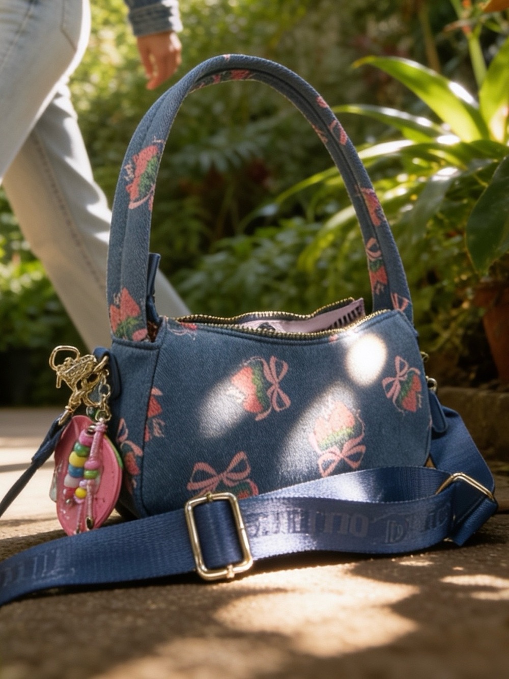Juicy Couture Blue Denim Floral Bow Crossbody Bag